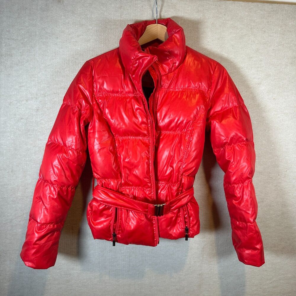 Esprit Red Glossy Puffer Jacket Belted Womens US 4 Quilted Y2K Winter Coat